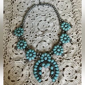 Turquoise Look Squash Blossom Necklace Silver Tone Fashion Jewelry Western Boho